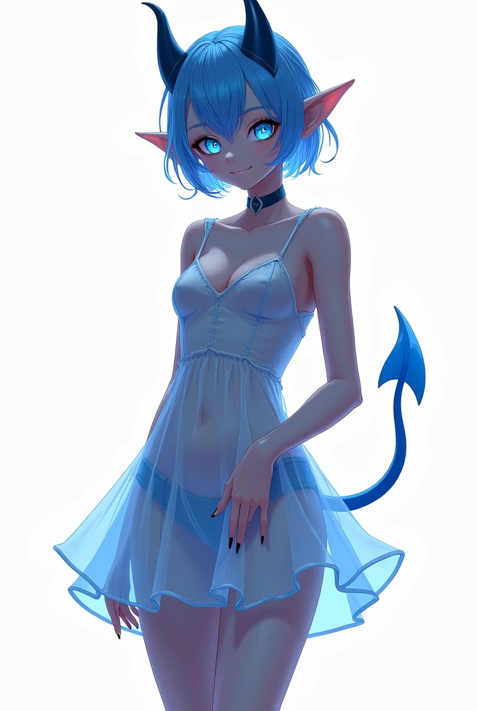 score_9, score_8_up, score_7_up,((best quality)), absurdnes, ((best quality)), CoquelinePXL, 1 femboy, feminine male, adult, 20 years old, black pupil, glowing blue iris, black sclera, blue skin, short peekaboo style hair((white outside, black inside)), pointy elf ears, bluish-black short demon horns, azure blue demon tail, mini skirt empire waist dress, mini skirt, translucent skirt, sleeveless, empire waist dress, turtle neck, solid white background, solo, hand on waist, looking at viewer, big ass, small breast, flat chest, no cleavage, hentai inspired art, lewd, nsfw, seductive smile