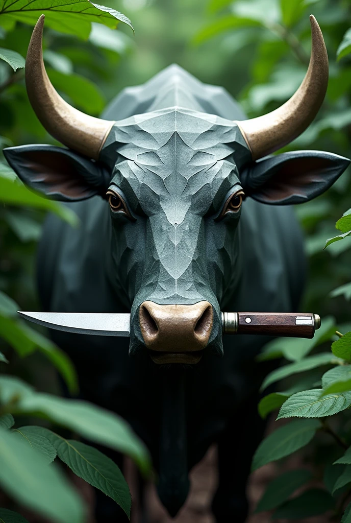 geometric mascara of a bull's head with a knife in its mouth, plant view