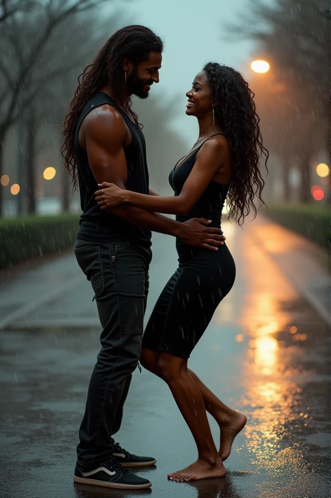 a dark man, greeneyes, Long brown hair, brown clothes, dancing with a short woman, medium black curly hair, IN A BLACK DRESS, barefoot, in the rain