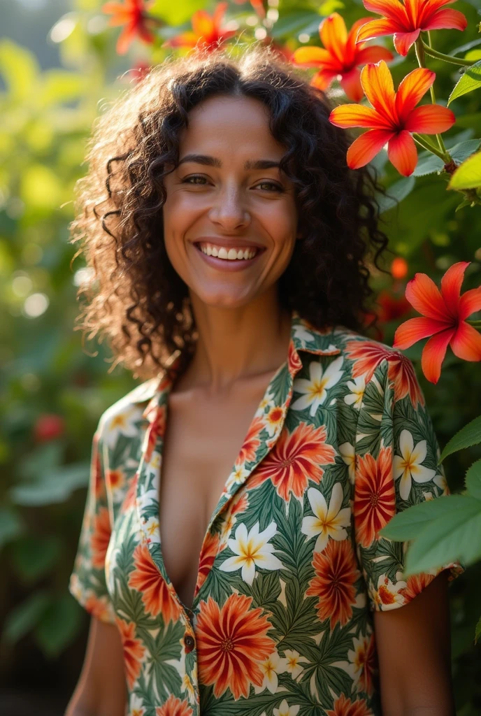 A Brazilian woman in a lush tropical garden, wearing an open shirt with a floral print, with a close-up capturing the harmonious beauty between her breasts and the natural flowers, showing off your natural charm and outgoing personality.
