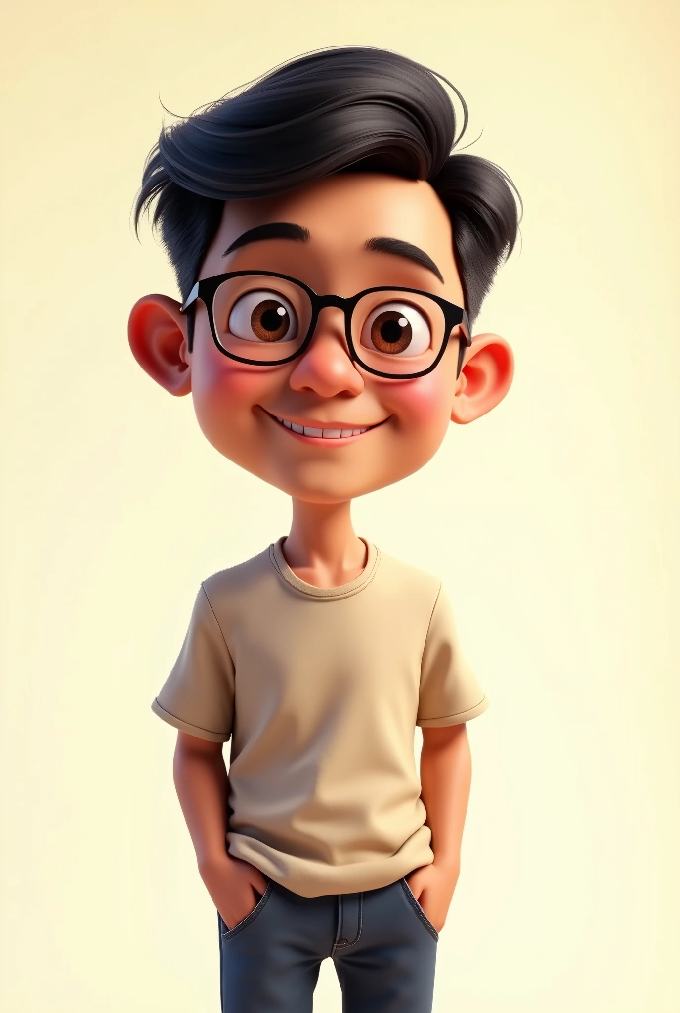 Indonesian commoners features, 3D caricature style, front view angle, medium close-up shot, casual setting theme, isolated on a transparent background. A 30-year-old man with short black hair, wearing glasses, casual shirt, and jeans, smiling with a friendly expression. In the style of exaggerated features with a large head and . Indonesian ethnicity, tan skin, round face, and small nose. Warm color tones, clean and bright environment, with high-resolution details, intricate textures, and sharp focus. Rendered with Pixar-like quality, utilizing soft studio lighting, high-definition textures, and vibrant colors