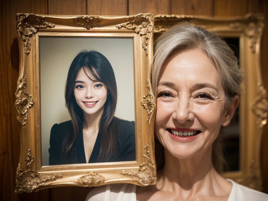 Portrait with photo of 70-year-old Caucasian woman smiling