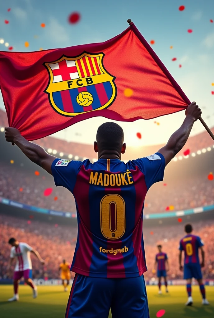 cree un image avec d'un homme tenant le drapeau Barcelone écrit le noms junior nps le culers support n°1 et il porte le maillot Barcelone floque le nom madouké 0 coupe du monde