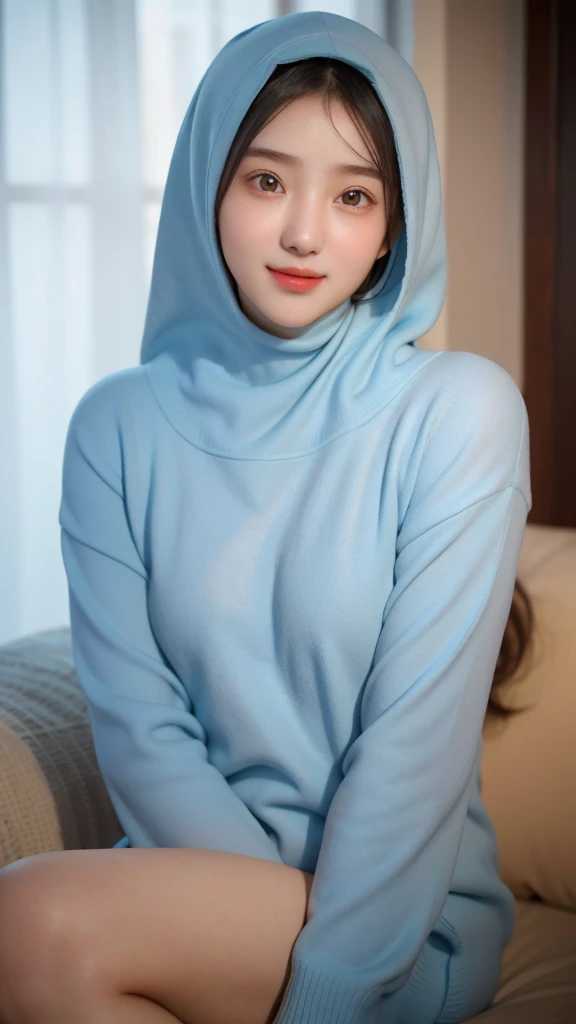 a 20 yo woman,hijab, soft blue sweater, dark theme, soothing tones, muted colors, high contrast, (natural skin texture, hyperrealism, soft light, sharp), simple background, smile, natural beauty