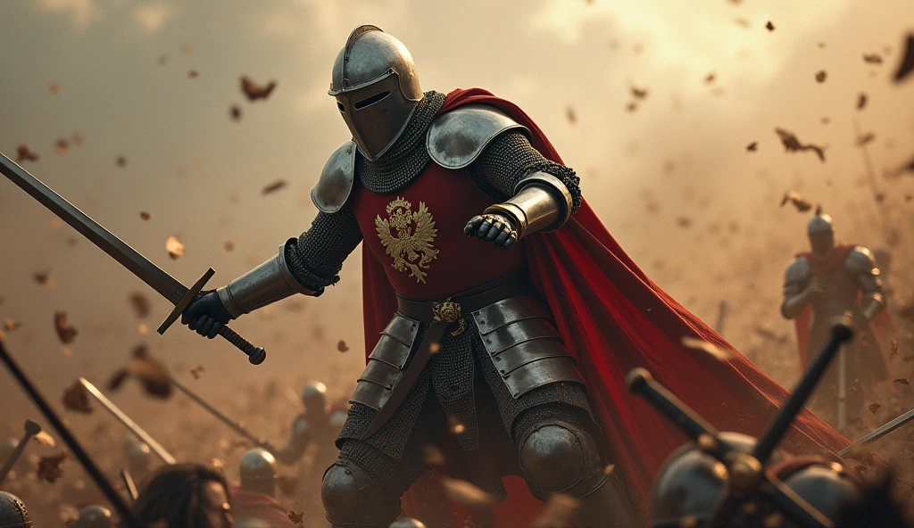 A highly realistic, high-contrast, 8K HD, detailed, hyper-detailed image of a medieval knight swinging his sword with powerful force, striking down an enemy on the battlefield. The knight, clad in steel armor with a lion emblem on his tunic and helmet fully covering his face, delivers a decisive blow, his sword cutting through the air with precision. The scene captures the intensity of the moment, as the enemy falls before the knight's skill and strength. The atmosphere is charged with the energy of battle, with the surrounding environment reflecting the chaos and struggle of combat. The image is of the highest quality, with ultra-high resolution, RAW photo quality, and Unreal Engine rendering, showcasing the knight's prowess and determination as he triumphs over his foe, the lion emblem standing out proudly on his armor.