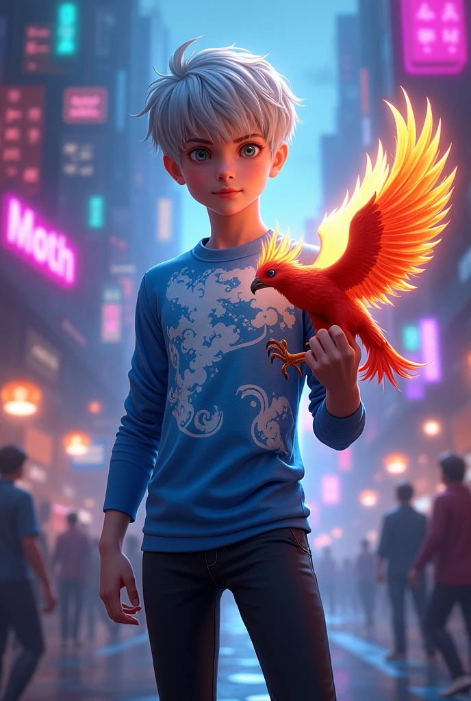 A boy with short, gray, feminine hair, pale skin, white ray eyes, wearing a blue and white swim shirt and a phoenix in his hand, facing forward, and black pants in the style of a Free Fire player.
