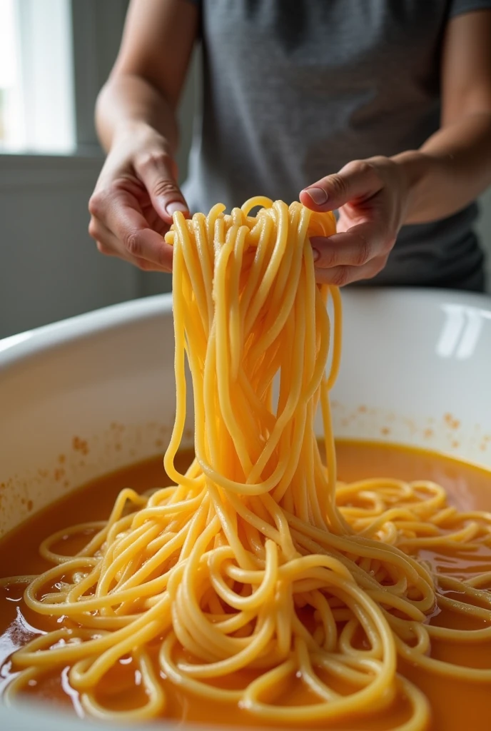 A person who makes spaghetti in a bathtub