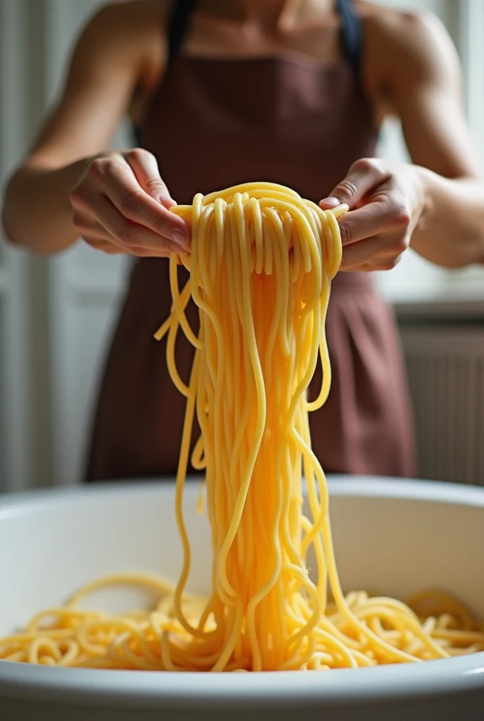 A person who makes spaghetti in a bathtub