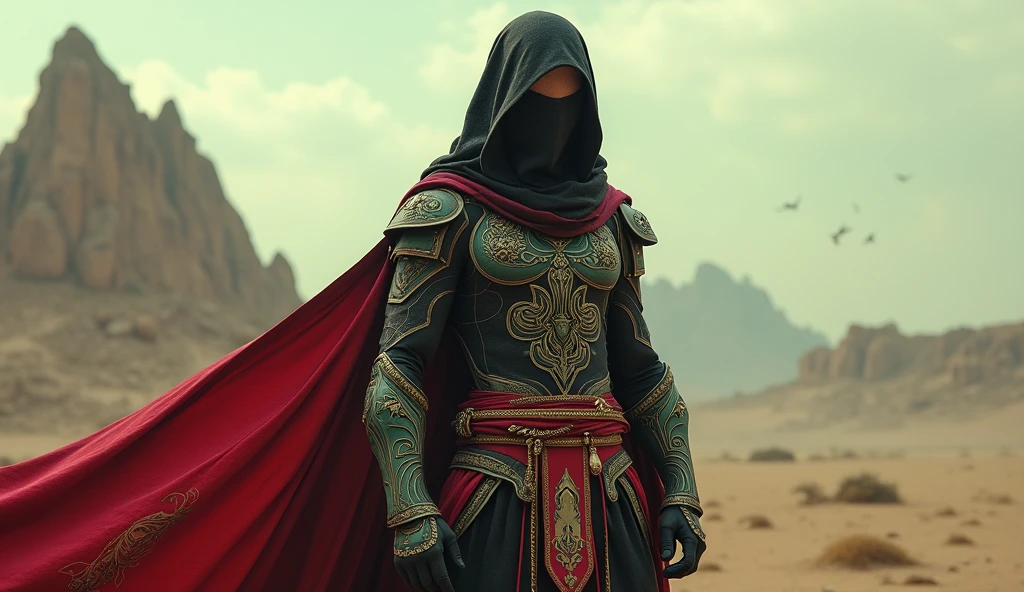 Kuwait as an arabic League of Legend creature in black, carmine red, white and green colors. Intricated clothing. Cinematic Fantasy sci-fi landscape background