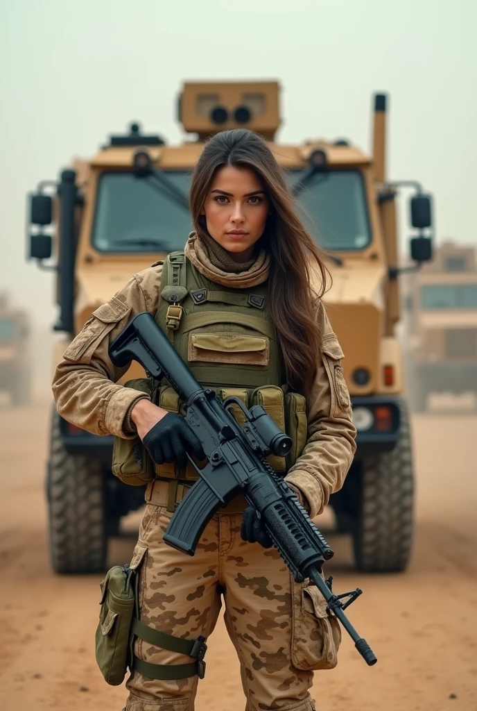 a heavily armed female soldier posing in front of an armored military truck, kurd fighter, french special forces, taliban militants, heavily armored vehicles, modern military equipment, assault rifle, machine gun, camouflage, high security special forces, (best quality, 4k, 8k, highres, masterpiece:1.2), ultra-detailed, (realistic, photorealistic, photo-realistic:1.37), (stunning, gorgeous, breathtaking, perfect proportions, beautiful slender body:1.4), military, war, combat, army, weapon, vehicle