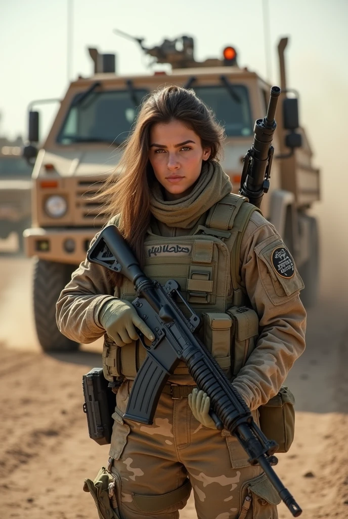 a heavily armed female soldier posing in front of an armored military truck, kurd fighter, french special forces, taliban militants, heavily armored vehicles, modern military equipment, assault rifle, machine gun, camouflage, high security special forces, (best quality, 4k, 8k, highres, masterpiece:1.2), ultra-detailed, (realistic, photorealistic, photo-realistic:1.37), (stunning, gorgeous, breathtaking, perfect proportions, beautiful slender body:1.4), military, war, combat, army, weapon, vehicle