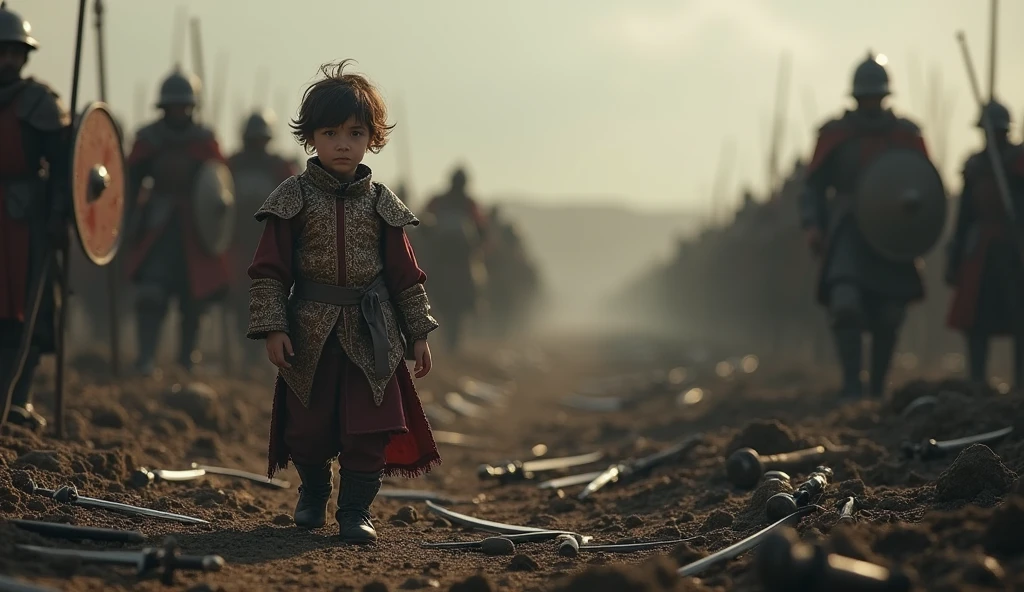 A highly realistic, high-contrast, 8K HD, detailed, hyper-detailed image of a  dressed in traditional medieval attire, walking alone across a battlefield. The child, shown in the provided image, wears the same intricate clothing with a serious expression, moving carefully through the remnants of battle. The ground around the child is littered with the aftermath of combat—scattered weapons, fallen soldiers, and debris—creating a stark contrast with the innocence of the child. The atmosphere is somber and intense, capturing the juxtaposition of innocence against the harsh reality of war. The image is of the highest quality, with ultra-high resolution, RAW photo quality, and Unreal Engine rendering, showcasing the haunting scene as the child navigates the battlefield, unaware of the dangers surrounding him.
