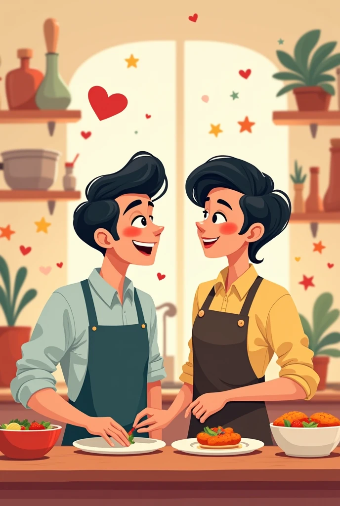 Aesthetic cartoon background for sharing, a brunette chef with short black hair and a businessman couple, WhatsApp profile picture. 