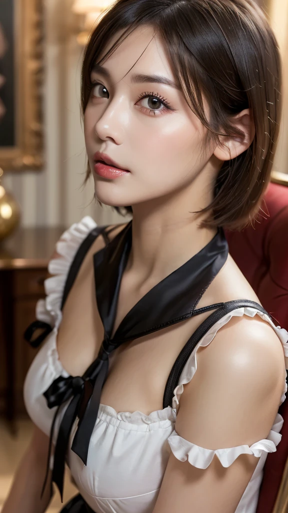 (photorealistic, 32k, RAW photo, best quality: 1.5), (masterpiece:1.3), (absurdres, attractive, ultra high resolution, ultra realistic, highly detailed, golden ratio, ultra detailed, super fucking beautiful detailed face), natural makeup, detailed cloth texture, detailed hair texture, beautiful detailed fullbody, Perfect female body, accurate, Anatomically correct, Highly detailed face and skin texture, (beautiful hands), (realistic skin), (beautiful pale skin:1.1), (Perfect dynamic composition, looking at viewer), (upper body shot:1.4), (French Maid Uniform:1.6),
BREAK,
realistic eyes, beautiful detailed eyes, symmetric eyes, Light Brown eyes, Double eyelids, Thin eyebrows, (Glossy lips:1.4), ((A face with waiting for a kiss:1.2)), (blush:1.1),
BREAK,
((short hair, bob, Dark blonde hair, bangs:1.2)), (Luxury room, sitting chair:1.3)