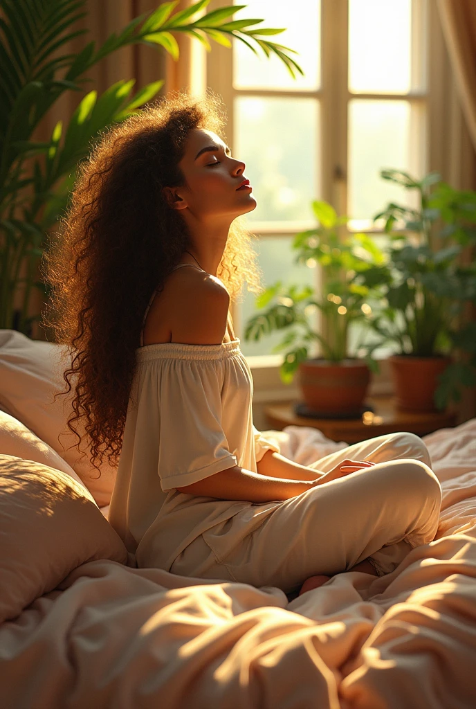 (photorealism:1.2), beautiful woman, sitting on bed, wearing loose off-shoulder top, pajama pants, long curly hair, indoors, soft lighting, plants in background, window with sunlight, cozy room, relaxed pose, realistic, intricate details, warm colors, by Greg Rutkowski, by Alphonse Mucha
