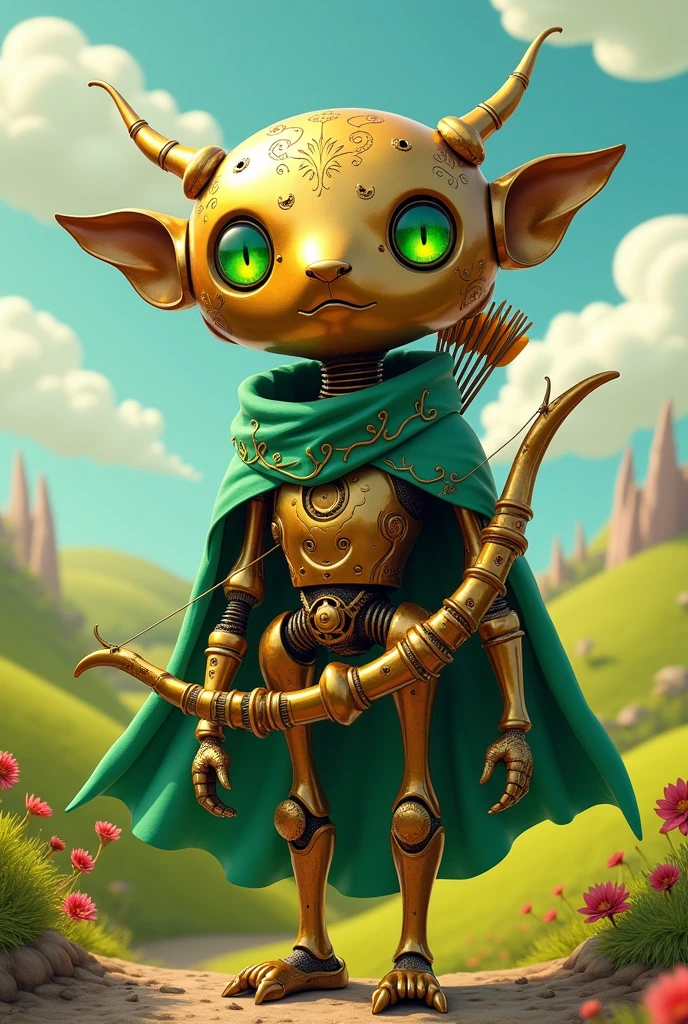 Create a character with adventure time traits for me, being an Automata made of bronze with green eyes, and a cloak around his neck green with gold details and a long bow \with arrows in their backs 