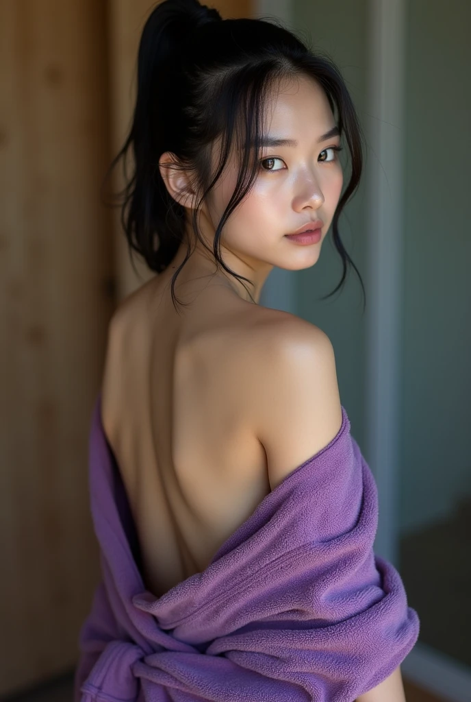 Woman in a revealing purple towel, wet shiny skin, pale skin, black hair, 27 years old asian, high short hair ponytail, view from behind, revealing her wet shiny white back, wet dripping back, looking at viewer, seductive face