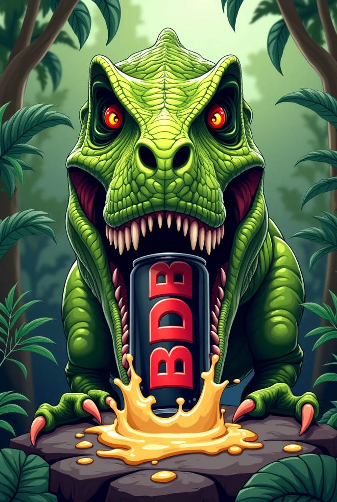 green t-rex skull, having a can of beer in mouth, canette color is black, writing BDB on it in red, teeth stuck in the can, du liquide coule par les trous des perforations des dents, angry eyes orange and red and frowning eyebrows, apparence cartoon and drawing, pupille dilatée noir, fond arrière type jungle, la tête du t-rex sort de plusieurs buissons, vision du t-rex depuis l'avant, il a ses griffes posées sur un rocher en dessous de sa tête et de la bière coule sur le rocher, la canette n'est pas debout dans sa bouche