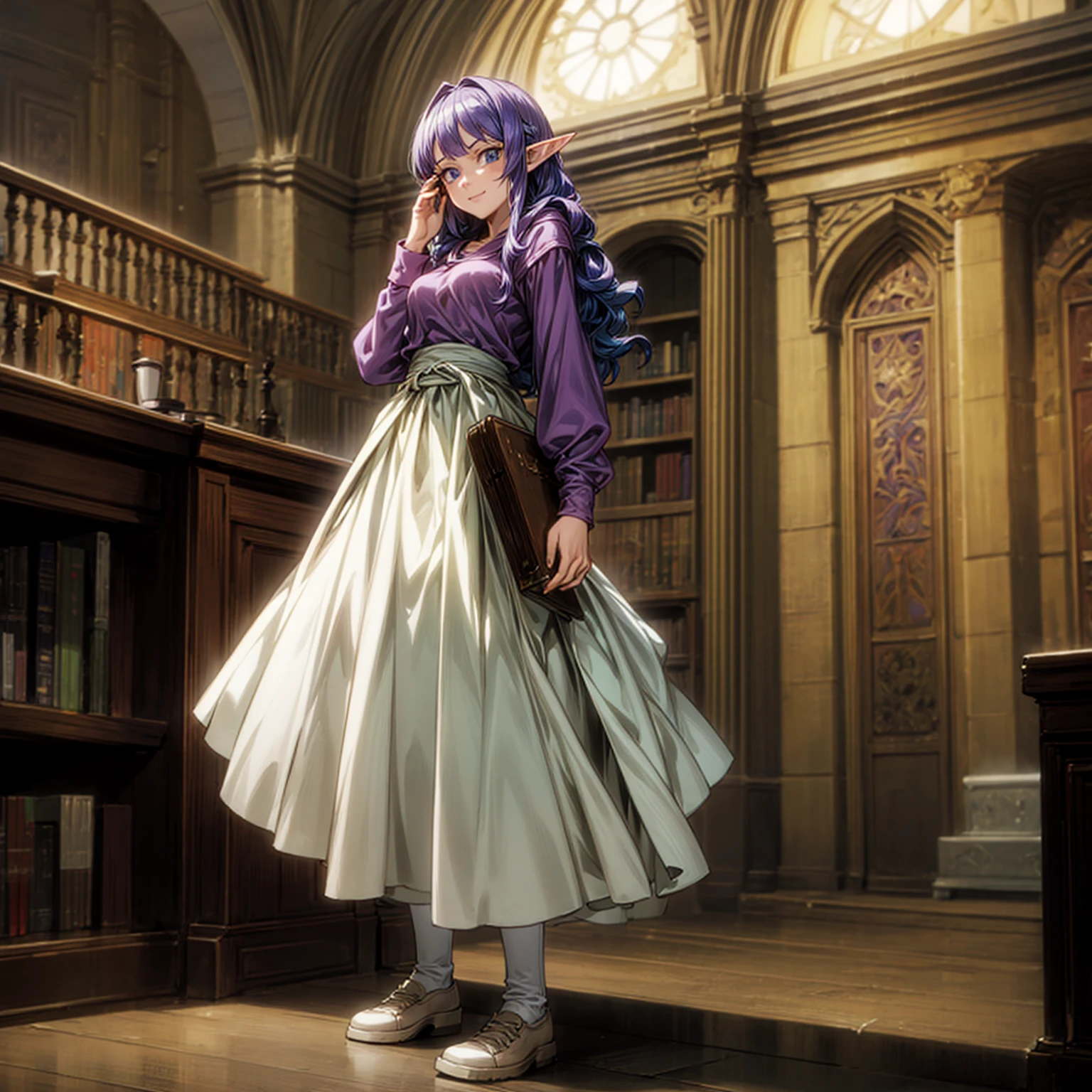 Solo character, full body version, young girl, (elf), blue eyes, purple color hair, long Curly haircut, His hair covered his eyes, brown Hoodie, white long skirt, shoes, indoor, library, town, medieval, detailed background, detailed clothing, detailed hair, standing gesture, smile mouth, book in hand, medium breast, (one piece style art, Hunter x Hunter style art), 