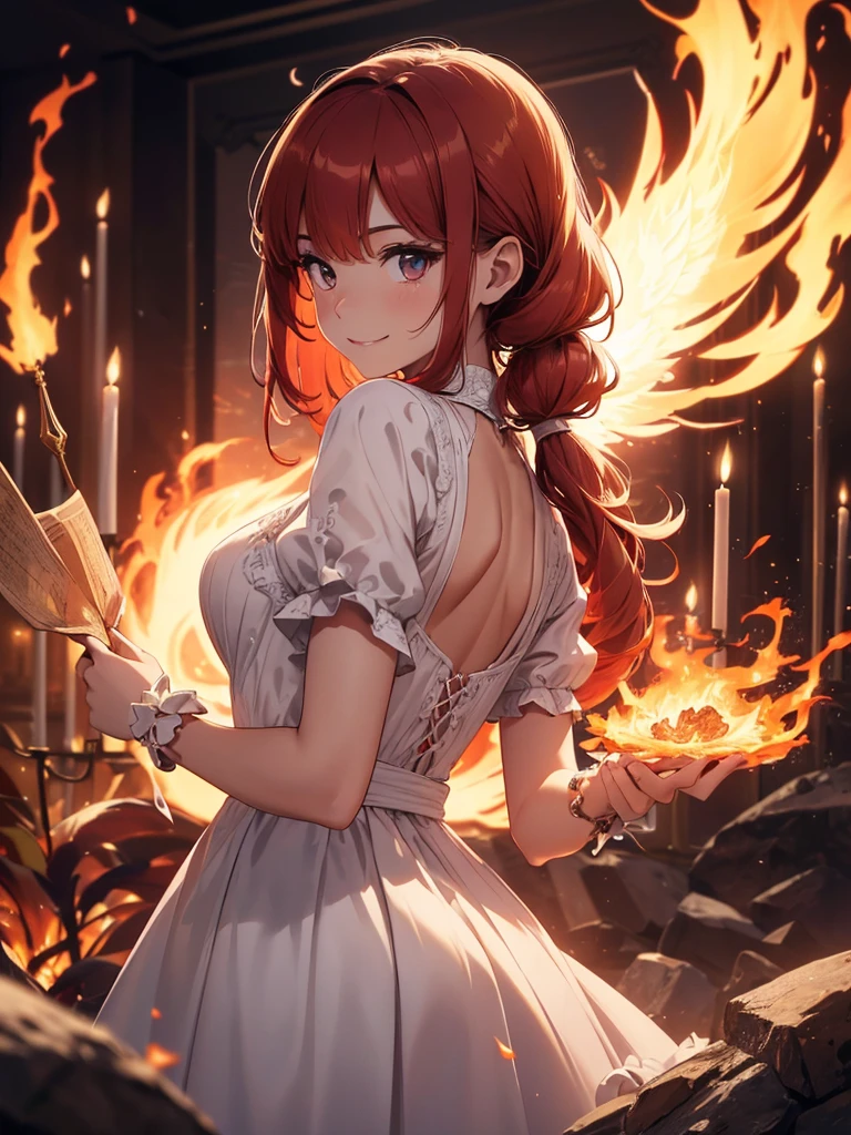 (((best quality, sharp image, clear image, cinematic lighting, 8k resolution, masterpiece, ultra detailed, intricate))) Girl, (((looking over left shoulder))), (shot from behind), ((shot from hip up)), fiery red hair, pigtails, ((white dress)), ((flaming sigils, flaming runes)), spiky rock formations, (flaming lotus flowers frame), (intricate background), ((Phoenix)), (swirling flames), smiling