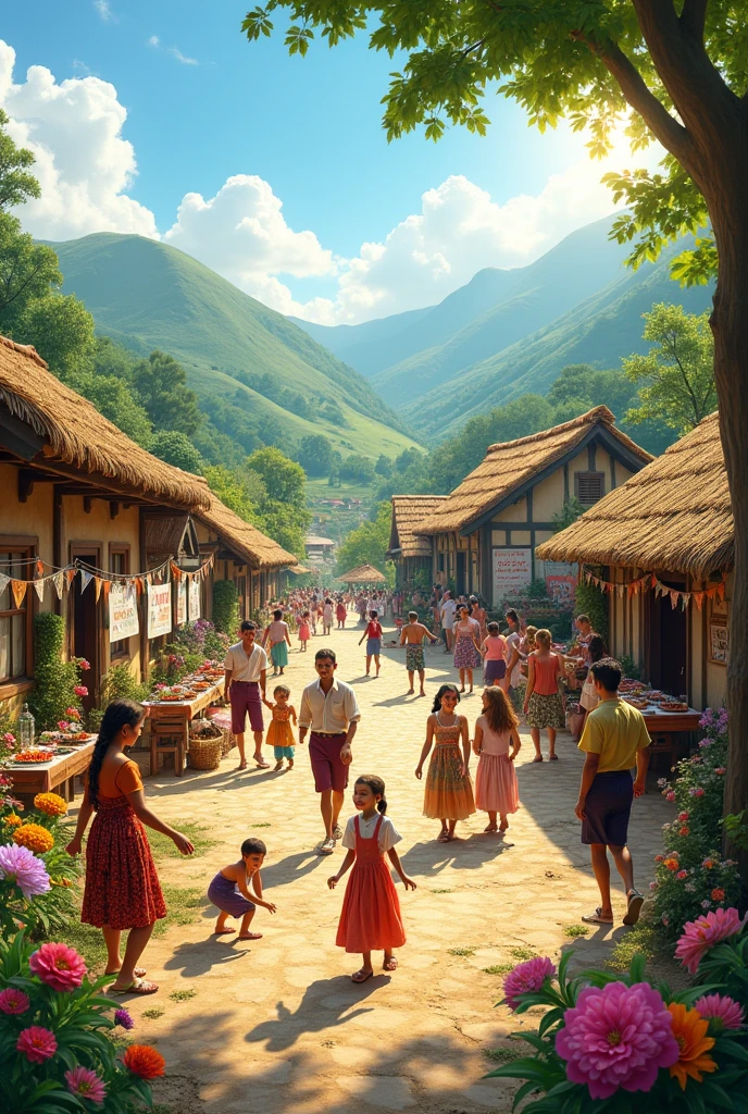 The village thriving, with happy, well-fed villagers. This scene can show a community celebration or a peaceful day with families enjoying their abundance. The atmosphere should be vibrant and full of warmth.
