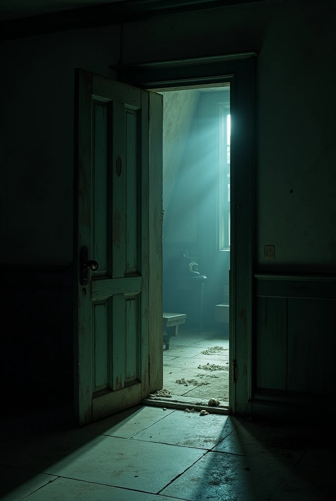 Image of a partially open door with an eerie glow coming from the other side
