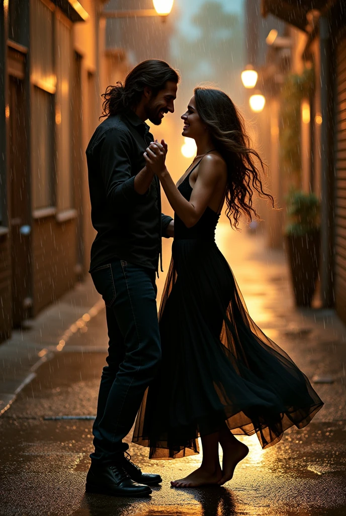 a dark man, greeneyes, Long brown hair, brown bathrobe, dancing with a short woman, medium black curly hair, IN A BLACK DRESS, barefoot, in the rain