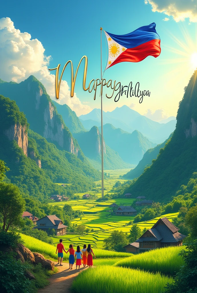 *The image features a traditional Filipino landscape with rice paddies and mountains in the background. In the foreground are a few people walking through a small village, they are all smiling and waving to the viewer. The word "mapagpalaya" is written in the sky using a swirling calligraphy font, with the Filipino flag also visible in the background*