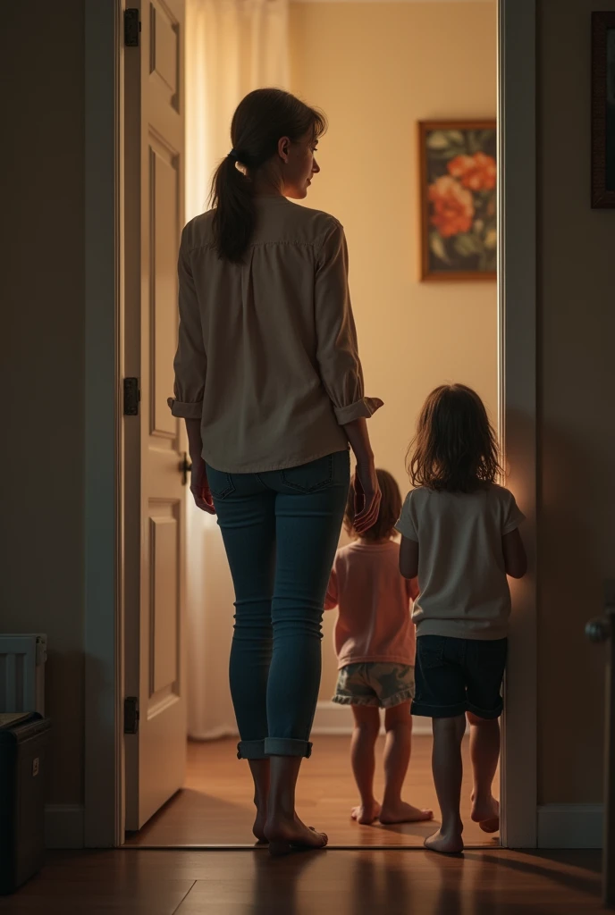 A hyper-realistic photo of a mother standing at the doorway of her home, about to leave for work. She looks back with a sad expression at her two children, aged 4 and 7, who are inside the house. The mother has a hesitant and melancholic look, as if she doesn’t want to leave. The lighting is soft, emphasizing the emotional tone, and the background shows a warm, lived-in home.”
