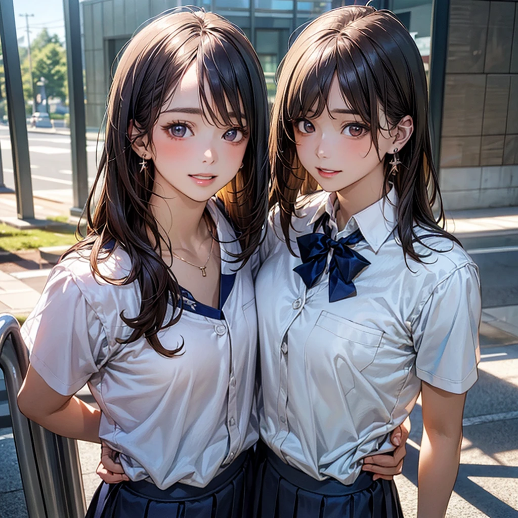 (masterpiece:1.2, top-quality), (realistic, photorealistic:1.4), beautiful illustration, (natural side lighting, movie lighting), nsfw, 
beautiful detailed hair, beautiful detailed face, beautiful detailed eyes, beautiful clavicle, beautiful body, beautiful chest, beautiful thigh, beautiful legs, beautiful hands, 
looking at viewer, 1 girl, japanese, high school girl, perfect face, cute and symmetrical face, shiny skin, 
(long hair, straight hair, brown hair), forehead, gray eyes, slant eyes, big eyes, long eye lasher, (medium breasts), (small ass, thin thighs), slender, outstanding style, 
(detailed cloth texture, short sleeve white collared shirt, navy school vest, navy pleated skirt, navy bow tie), earrings, necklace, 
(beautiful scenery), summer, evening, (school), walking, (lovely smile, upper eyes, parted lips), 