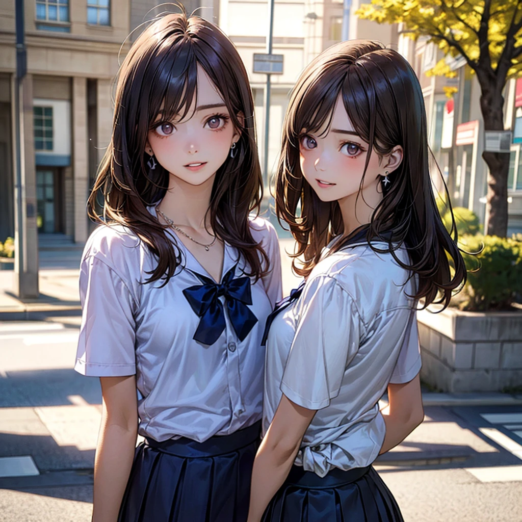 (masterpiece:1.2, top-quality), (realistic, photorealistic:1.4), beautiful illustration, (natural side lighting, movie lighting), nsfw,
beautiful detailed hair, beautiful detailed face, beautiful detailed eyes, beautiful clavicle, beautiful body, beautiful chest, beautiful thigh, beautiful legs, beautiful hands,
looking at viewer, 1 girl, japanese, high school girl, perfect face, cute and symmetrical face, shiny skin,
(long hair, straight hair, brown hair), forehead, gray eyes, slant eyes, big eyes, long eye lasher, (medium breasts), (small ass, thin thighs), slender, outstanding style,
(detailed cloth texture, short sleeve white collared shirt, navy school vest, navy pleated skirt, navy bow tie), earrings, necklace,
(beautiful scenery), summer, evening, (school), walking, (lovely smile, upper eyes, parted lips),