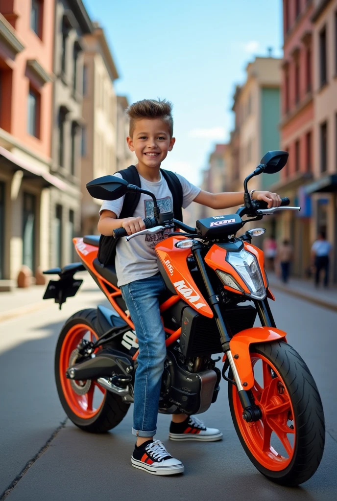 A smart boy give photo pose with KTM bike