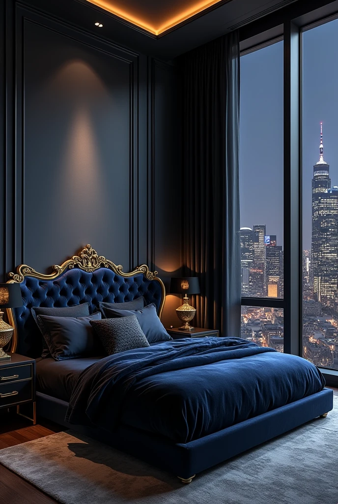 Create a bed in a dark style, Beautiful
Modern and stylish but also rich with a cool view of the skyline and main focus on the bed