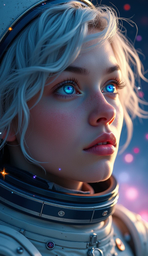 (Close-up of a better masterpiece:1.5)0.9], (Space and astronauts:1.2) (Messy silver hair:1.1) (Heterochromia xanthochromia and blue eyes:1.2) (Space Helmet:1.0) (Colored stars in the eyes:1.0) (A radiant glow:1.1) (thick lips:0.9)