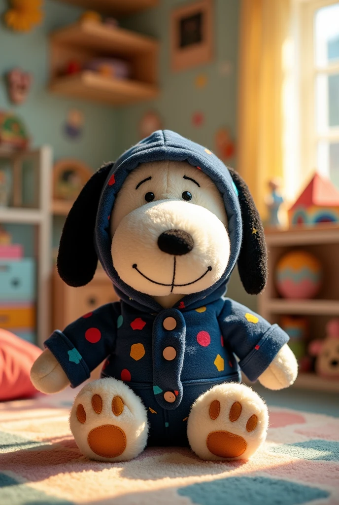 Snoopy-like plush teddy bear wearing a dark blue outfit full of colorful geometric details