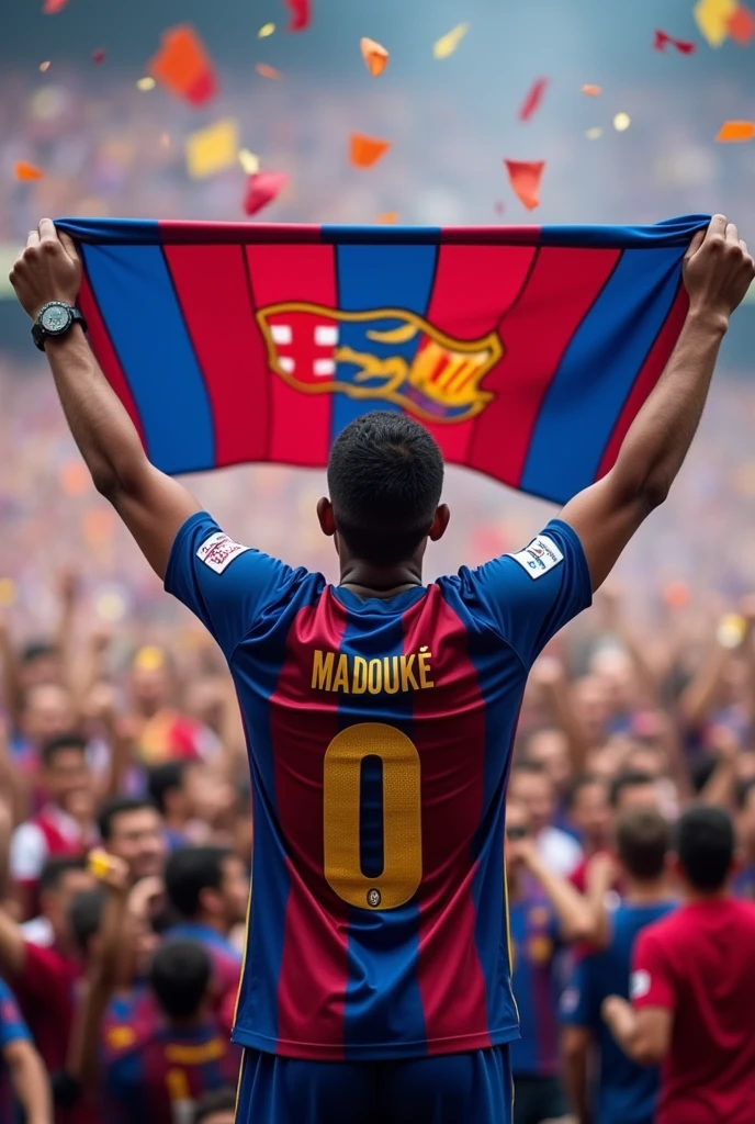 cree un image avec d'un homme tenant le drapeau Barcelone écrit le noms junior nps le culers support n°1 et il porte le maillot Barcelone floque le nom madouké 0 coupe du monde 