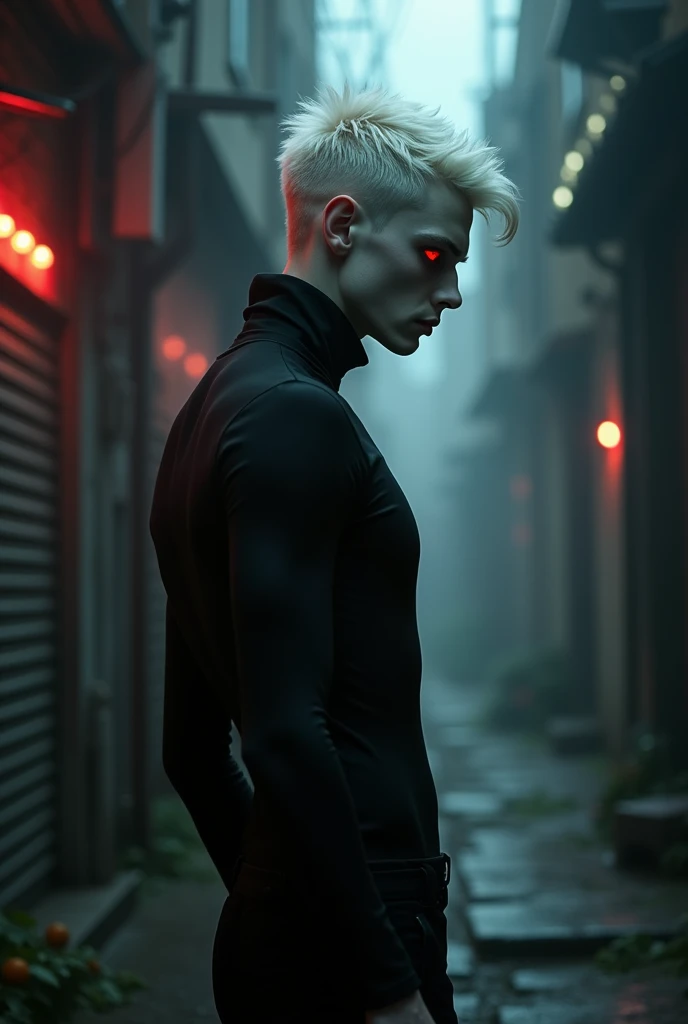 Profile of an albino demon, pale translucent skin, short platinum blonde hair, Red eyes, the sclera of your eye is black, is man, wear black clothes, Leave him dark