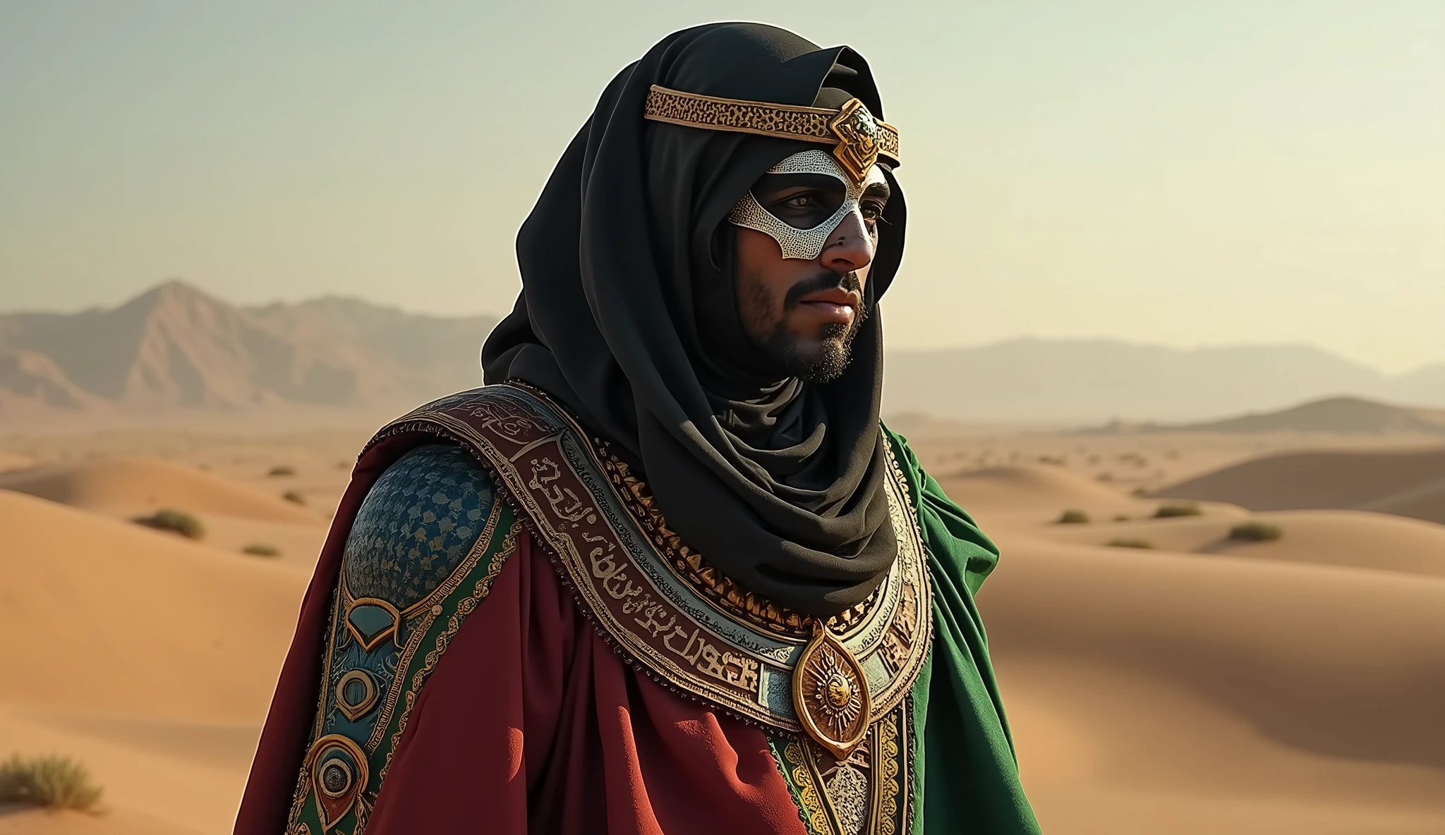 Kuwait as an arabic League of Legend creature in black, carmine red, white and green colors. Intricated clothing. Cinematic Fantasy sci-fi landscape background