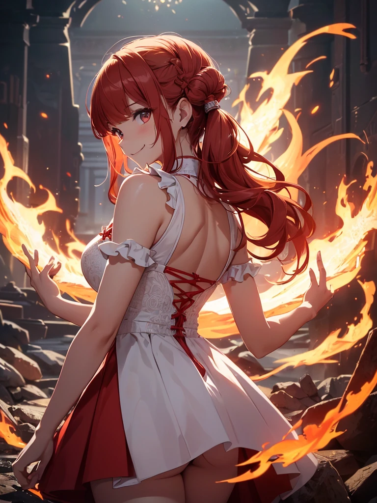 (((best quality, sharp image, clear image, cinematic lighting, 8k resolution, masterpiece, ultra detailed, intricate))) Girl, (((looking over left shoulder))), (shot from behind), ((shot from hip up)), fiery red hair, pigtails, ((white dress)), ((flaming sigils, flaming runes)), spiky rock formations, (flaming lotus flowers frame), (intricate background), ((Phoenix)), (swirling flames), smiling