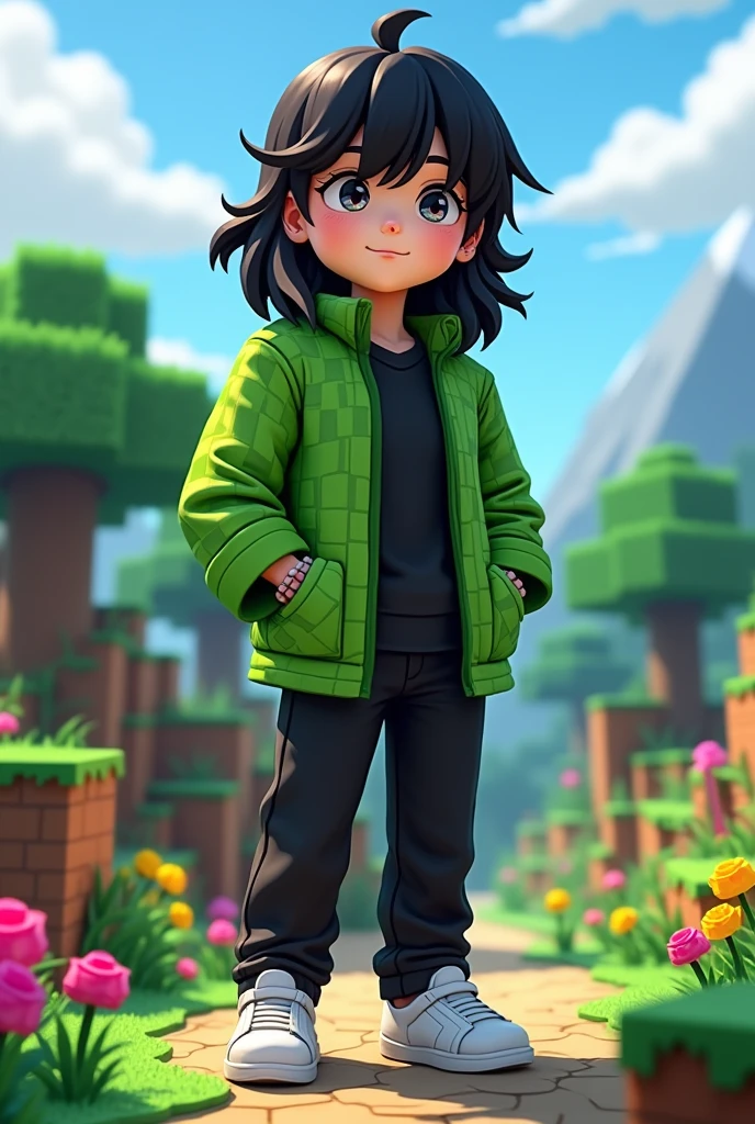 character with slightly long black hair, slightly gray black eyes, salmon skin color, black shirt, over the shirt a green checkered jacket, black pants, white sneakers. minecraft