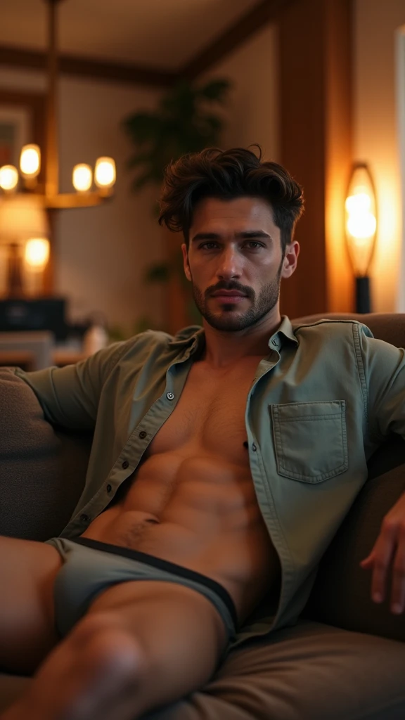 Realistic photography, handsome man open shirt ,Sit on the sofa , Living Room,huge Bulge in micro thong
