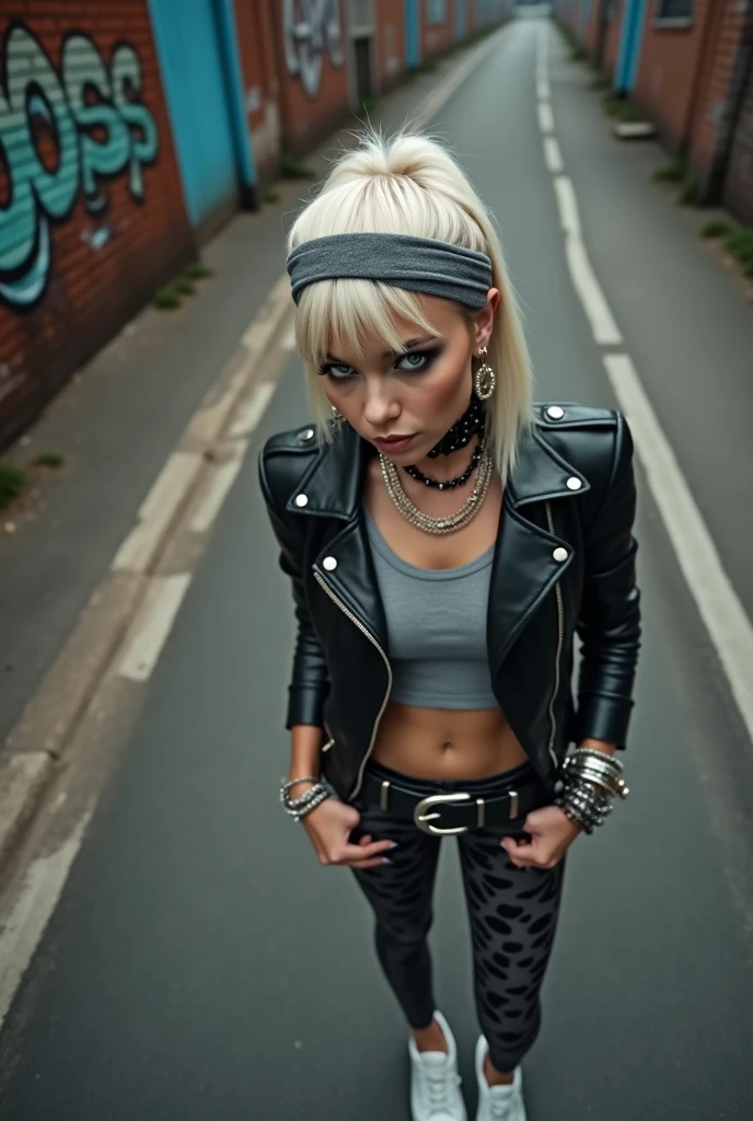 russian woman, platinum blonde hair with black parsley bandana, with very light blue eyes, pale, heavy eye shadows. Sad face, smeared make up, runny mascara. Wearing black moto jacket, leopard print bra, black skinny jeans and white tennis sneakers. Lots of metallic braceles and collars. Tacky leather belt with oversized buckle. Wide loop earrings. Scared face.