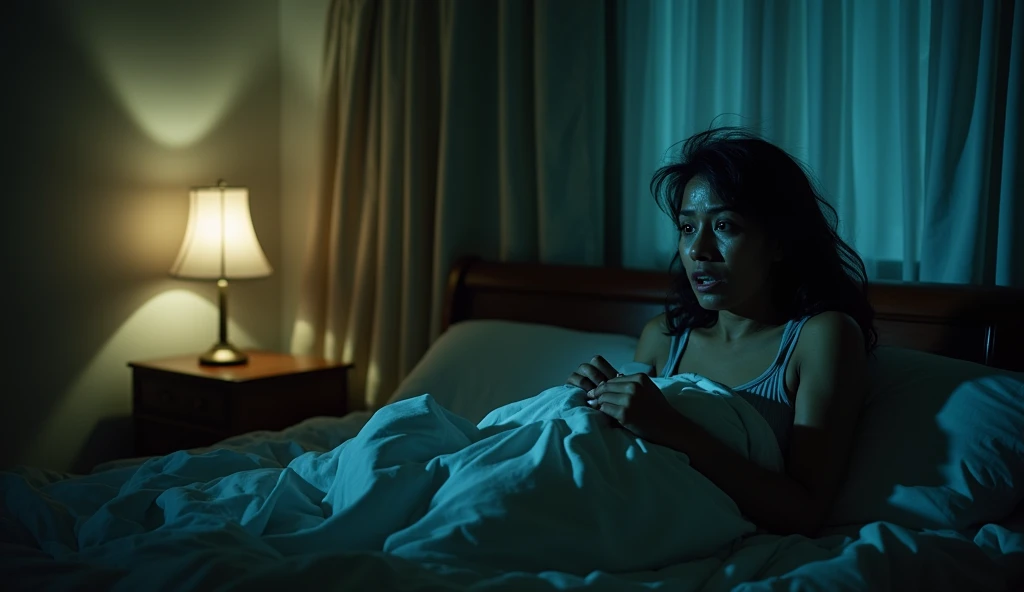 Character: Sunaina, mid-30s, sitting up in bed, drenched in sweat, her eyes wide with fear. She’s clutching her bedsheet, trying to shake off the remnants of her nightmare.
Background: The bedroom is bathed in soft, dim light from a nearby lamp. The curtains are drawn, but there’s a faint shadow of a tree outside swaying in the wind. The atmosphere is thick with tension and fear.
