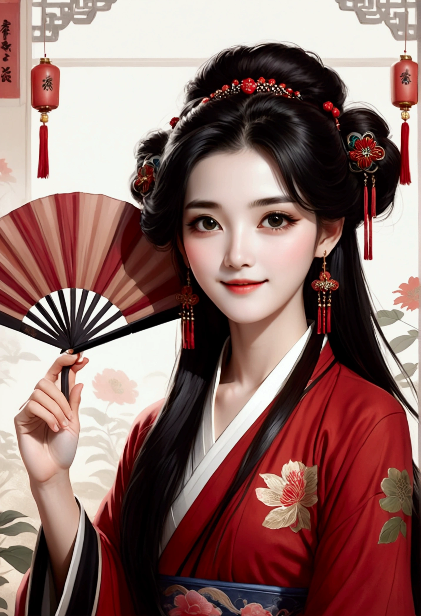 A Chinese 2d girl in red traditional clothing, long black hair full of accessories holding a fan