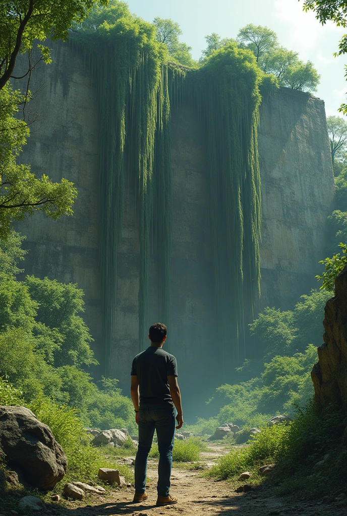 Image of a male character with his back to the viewer, looking at a giant wall surrounded by green roots and trees., apocalyptic style