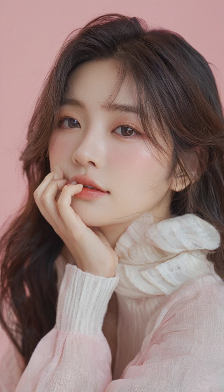 An extraordinarily detailed close-up portrait on the lerft edge of canvas image of korean girl k-pop idol, wide canvas image, Her face is adorned with detailed skin, natural make up realistic, while her long colorfull hair style., high contrast, upscale sharpness:1.4, soft pink background, unreal engine, The background features a soft contrasting with her, This captivating image was expertly captured with a Fujifilm XT-10 camera, delivering an ultra-high 8K resolution for breathtaking detail. The hyper-realistic photo exhibits the skill of award-winning photography. Natural soft make up, Wet and glossy make up realistic:1.4, Photorealsitic)、(intricate detailes:1.2)、(masterpiece、:1.3)、beauty face, (top-quality:1.4)、(超A high resolution:1.2)、超A high resolution、(A detailed eye), ((Realistic lighting、top-quality、8K、natural light, masterpiece:1.3))、bright photo, Clear focus:1.2、1girl in、flawless beauty:1.4、Superfine Face、big Narrow-eyed、double eyelid、photos realistic, looking viewer, front view, potrait, raw photo, simple soft pink background, (Highest quality:1.3), (sharp focus:1.5), (photorealistic:1.4), (detailed face), cinematic colorgrading film, dramatic scenes, photography, RAW, Masterpiece, ultra wide angle, Ultra Fine Photo, Best Quality, Ultra High Resolution, Photorealistic, volumetric light, Stunningly Beautiful, Delicate Face, Vibrant Eyes, RAW photo, natural make-up, photo position on the left edge, ultra soft detailed contrast