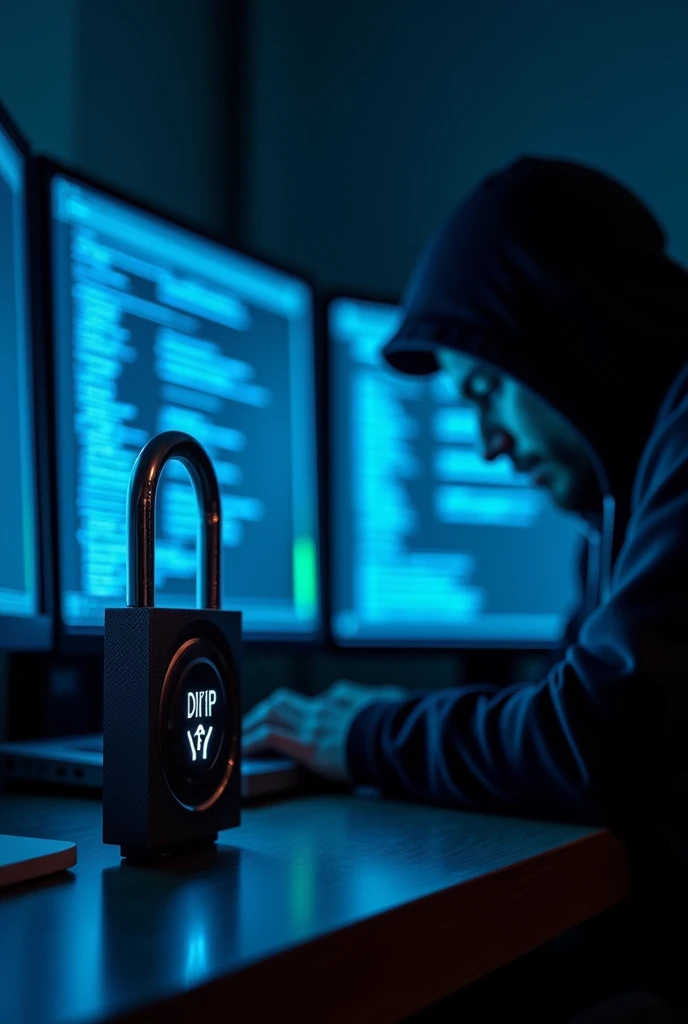 Create a highly realistic 4K image with predominant blue and black tones. Focus on a real-world scene featuring a digital lock, binary code on a screen, and a realistic hacker figure in a dark environment. Include the acronym 'dip' prominently in the image. Use vivid highlights to emphasize the cybersecurity threat and create a sense of urgency and high stakes.