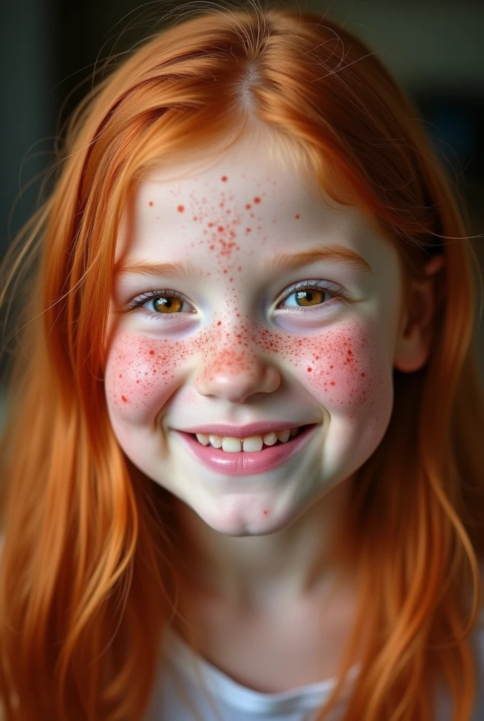 Show us a redhead girl with long straight hair, face with freckles, splattered nose, Brown eyes, thick pink lips. Only her head and shoulders should be visible