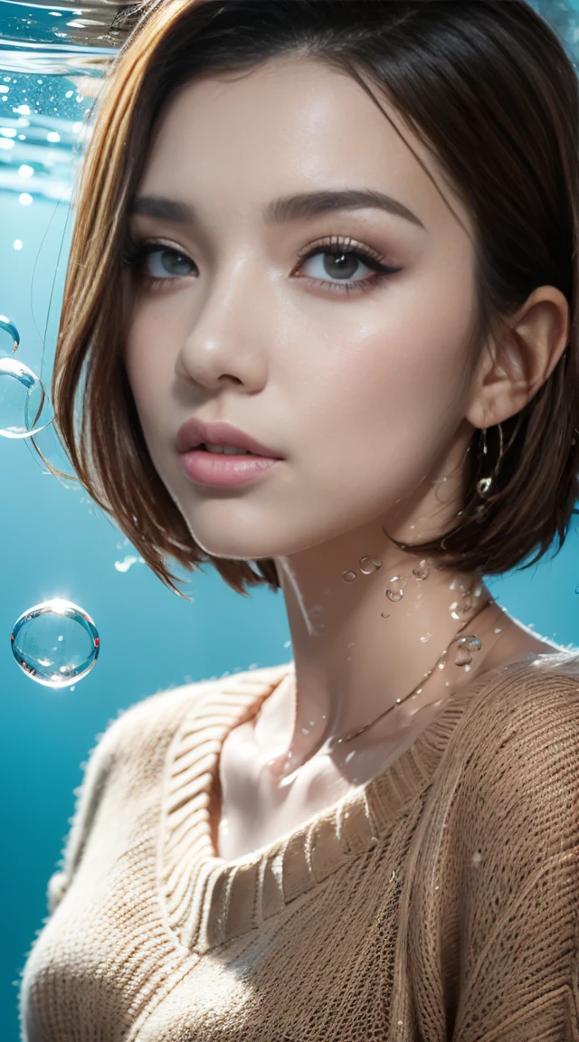 1girl, solo, looking at viewer, short hair, blue eyes, brown hair, black hair, collarbones, parted lips, water, lips, white sweater, sunlight, bubbles, underwater, ((small bubbles)), red balloons, photorealistic, 8k, vivid colors, detailed facial features, detailed clothing, dynamic lighting, ethereal atmosphere, serene underwater scene