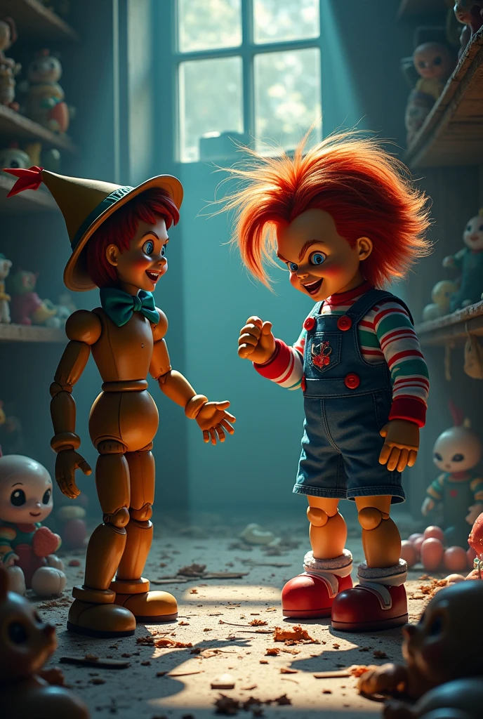 Pinocchio fights Chucky after Pinocchio broke Chucky's arm.